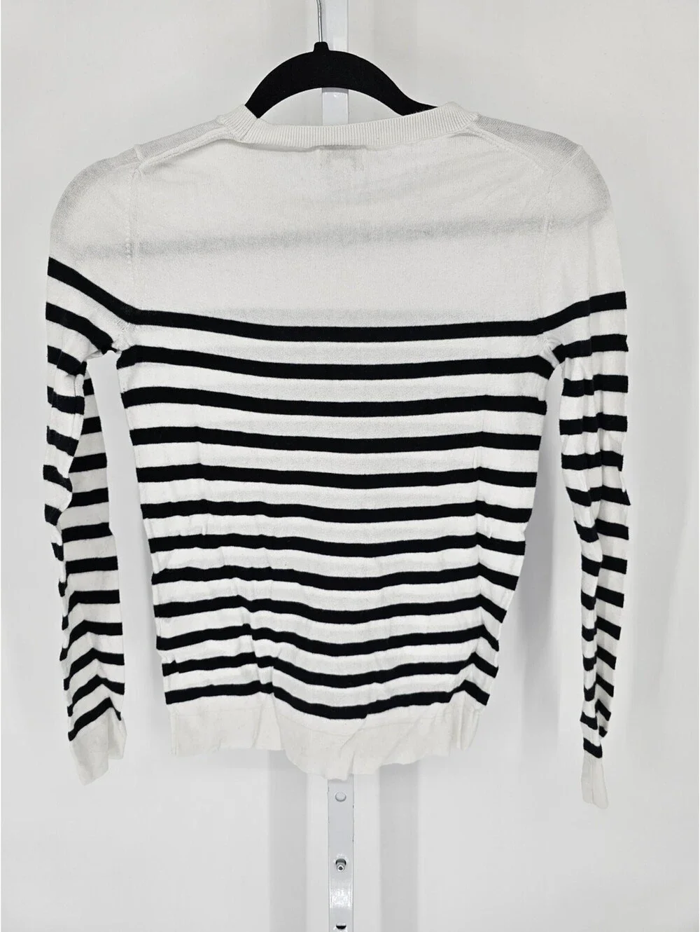 J Crew Womens Sz XXS Long Sleeve Knit Crew Neck Top Black White Striped